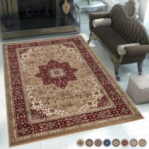 Rome Rugs shown in Beige, Black, Blue, Brown, Cream, Green, Grey and Red across UK room settings including a square entryway rug, a hallway runner and a large open-plan living room, illustrating the collection's ten available sizes from 60×110 cm to 280×380 cm.