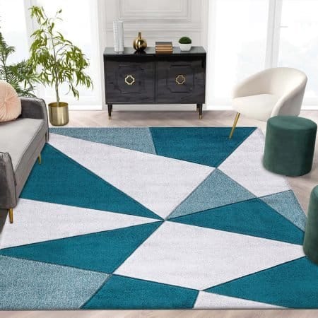 Athens Rugs shown in Beige, Blue, Emerald, Grey, Multi Colour, Navy, Ochre, Pink and Red across UK room settings including a hallway runner and a spacious open-plan living room, illustrating the collection's five available sizes from 66×220 cm to 200×290 cm.
