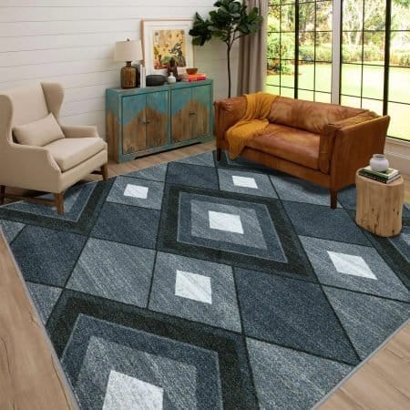 Estime Rugs shown in Beige and Grey across a range of UK room settings, including a long hallway runner, a compact bedroom accent and a spacious living room, illustrating the collection's nine available sizes from 50×80 cm to 80×460 cm.