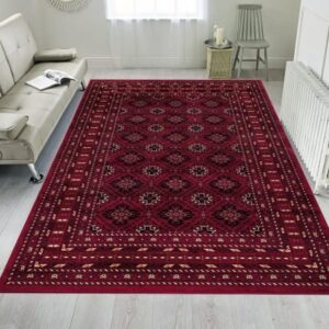 Tagab Rugs shown in Red across a range of UK room settings, including a hallway runner, a medium living room and a large open-plan space, illustrating the collection's nine available sizes from 60×110 cm to 280×380 cm.