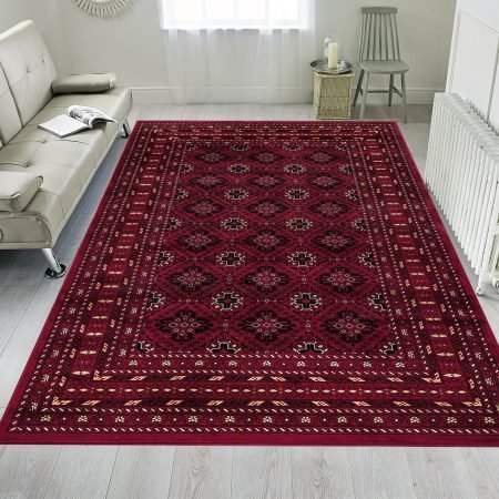 Tagab Rugs shown in Red across a range of UK room settings, including a hallway runner, a medium living room and a large open-plan space, illustrating the collection's nine available sizes from 60×110 cm to 280×380 cm.