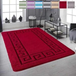 Rocco Rugs product colour and size selection chart showing eleven solid colours — Beige, Black, Blue, Dark Grey, Navy, Ochre, Pink, Red, Sage, Silver and White — alongside eight available sizes ranging from 40x60cm to 160x230cm, including elongated hallway sizes 60x220cm and 80x300cm, displayed on the Reno Azul UK rugs website.