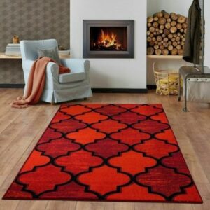 Ouranos Rugs shown in Aqua, Beige, Grey and Red across UK room settings, including a long hallway runner, a compact bedroom accent and a spacious living room, illustrating the collection's nine available sizes from 50×80 cm to 80×460 cm.